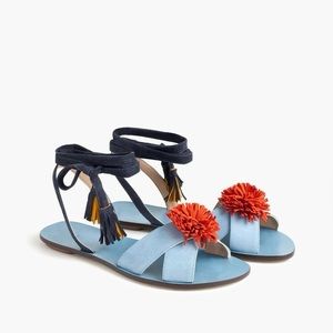 J. Crew Lace-Up Suede Sandals with Pom-Pom Size 8.5.